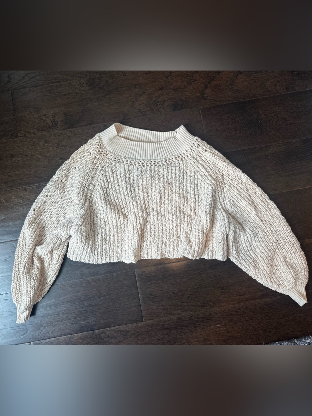Free People Cream Textured Knit Crewneck Sweater